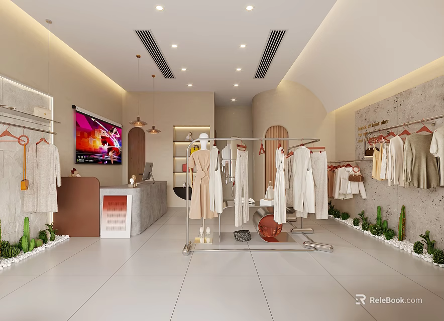 Modern Clothing Store Interior With Fashion Display Clothes Racks Cashier Counter And Green Plants 3d model 