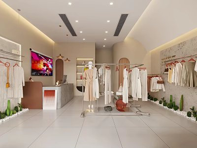Modern Clothing Store Interior With Fashion Display Clothes Racks Cashier Counter And Green Plants 3d model