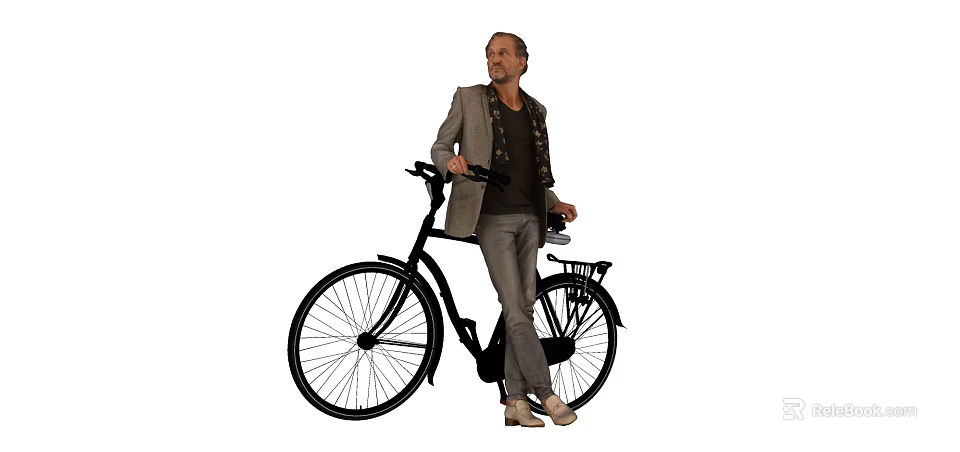 Handsome Man in Gray Blazer Standing Beside Black Bicycle with Leather Seat and Rear Basket 3d model 