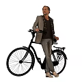 Handsome Man in Gray Blazer Standing Beside Black Bicycle with Leather Seat and Rear Basket