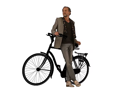 Handsome Man in Gray Blazer Standing Beside Black Bicycle with Leather Seat and Rear Basket 3d model