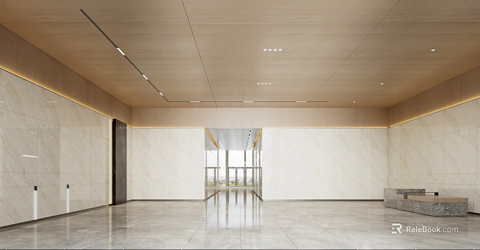 Modern Front Desk Reception Area With Spacious Layout And Marble Walls 3d model 