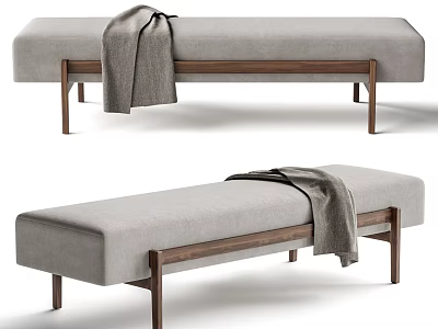 Modern Light Gray Upholstered Sofa Bench With Wooden Legs And Draped Blanket 3d model