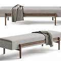 Modern Light Gray Upholstered Sofa Bench With Wooden Legs And Draped Blanket