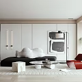 Modern Minimalist Living Room With Black Sofa White Cloud Cushions Red Armchair And Art