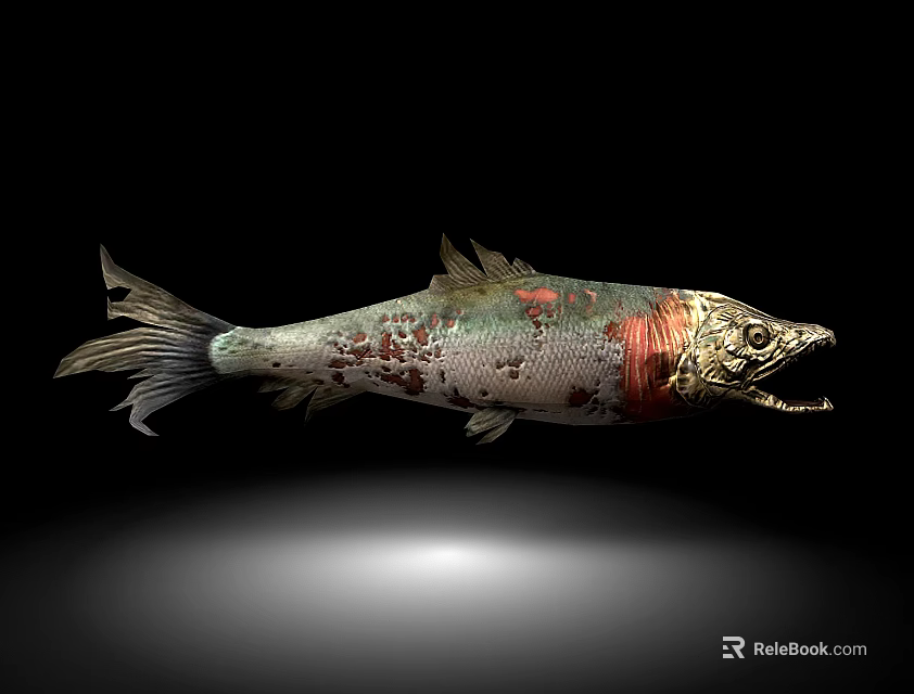 Colorful Metallic Fish Sculpture With Red Accents And Spots On Black Background 3d model 