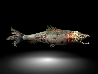 Colorful Metallic Fish Sculpture With Red Accents And Spots On Black Background 3d model