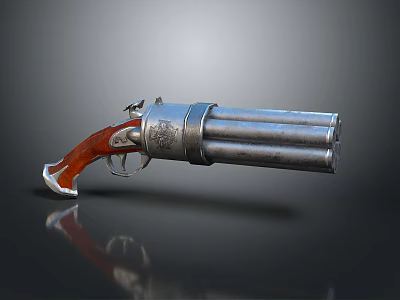 Vintage Revolver With Multiple Silver Metal Barrels Red Wooden Grip And Engraved Details 3d model