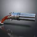 Vintage Revolver With Multiple Silver Metal Barrels Red Wooden Grip And Engraved Details