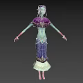 Woman With Purple Hair And Teal Skin In Purple Dress With White Decorative Bottom