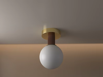 Modern Flush Mount Ceiling Light With Gold Base Wooden Accent And White Spherical Shade 3d model