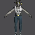 Game and movie character wearing white tank top with RGDL blue pants yellow belt buckle