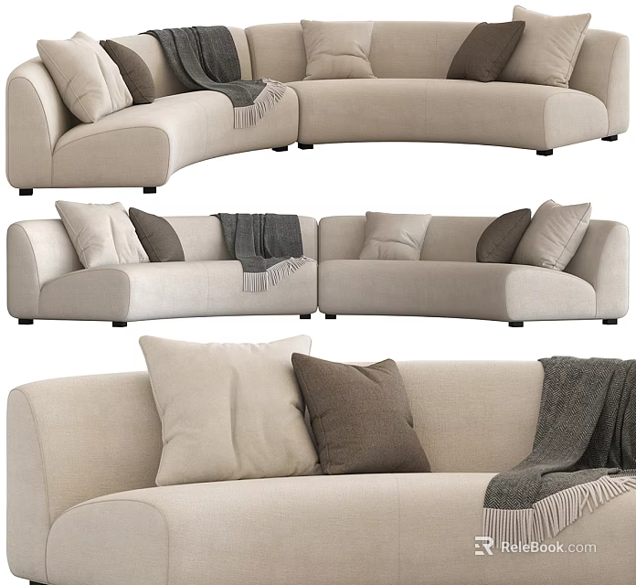 Beige Modern Sectional Sofa With Multiple Pillows Soft Throw Blanket And Comfortable Design 3d model