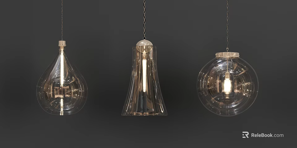 Modern Transparent Pendant Lights with Various Shapes Metallic Accents and Illuminated Design Against Dark Background 3d model 