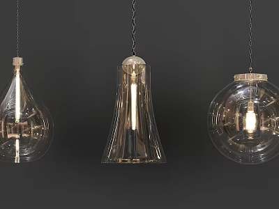 Modern Transparent Pendant Lights with Various Shapes Metallic Accents and Illuminated Design Against Dark Background 3d model