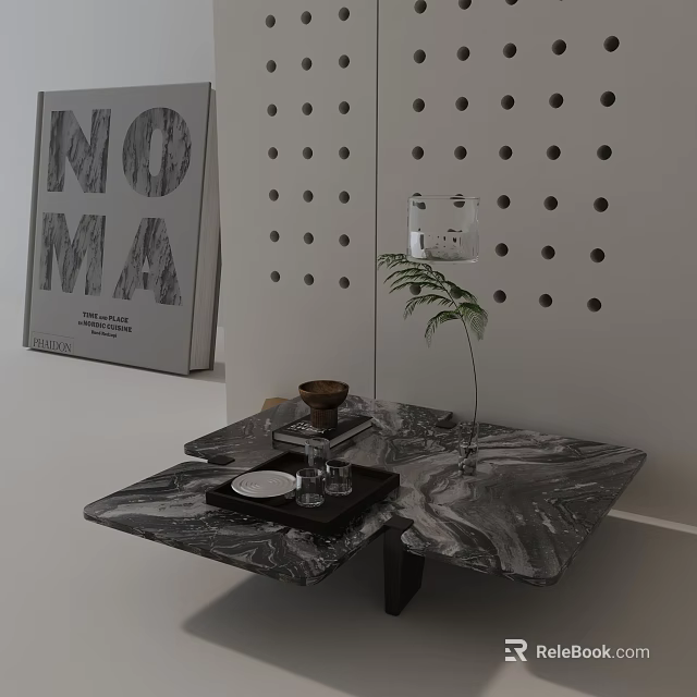 Marble Sofa and Coffee Table Set with Tray Plant against Dot Patterned Wall and Poster 3d model