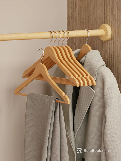 Wooden Hangers Coats And Pants In Organized Walk In Closet 3d model 