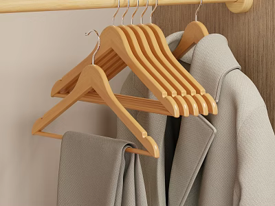 Wooden Hangers Coats And Pants In Organized Walk In Closet 3d model