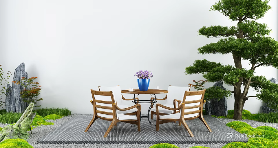 Landscape Seating with Wooden Chairs Round Glass Table Blue Vase Purple Flowers and Green Plants 3d model 