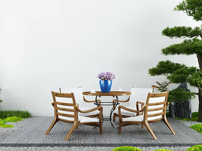 Landscape Seating with Wooden Chairs Round Glass Table Blue Vase Purple Flowers and Green Plants 3d model