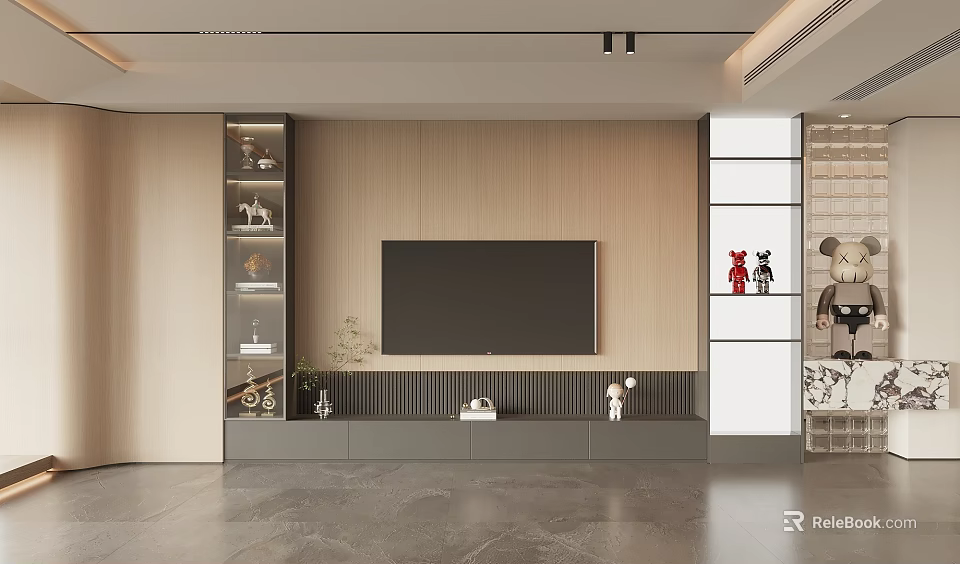 Modern Minimalist TV Background Wall With Wooden Panel Gray Media Console And Open Storage Shelves 3d model 