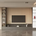 Modern Minimalist TV Background Wall With Wooden Panel Gray Media Console And Open Storage Shelves