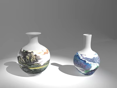 Two Round Shaped Ceramic Vases with Colorful Landscape Patterns on Gray Background 3d model