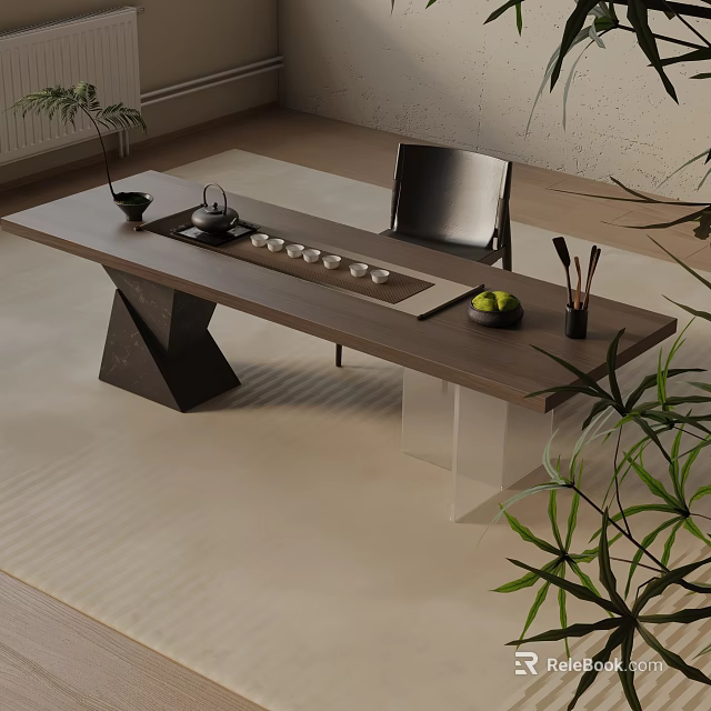 Modern Wooden Dining Table Set With Unique Leg Design Tea Set Black Chair And Green Plants 3d model 