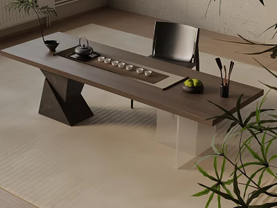 Modern Wooden Dining Table Set With Unique Leg Design Tea Set Black Chair And Green Plants 3d model