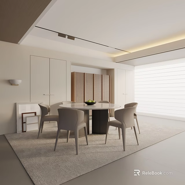 Modern Dining Set With Round Table Beige Chairs Cabinets And Window Blinds In Bright Space 3d model