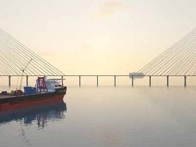 Scenic Waterfront View Featuring Cargo Ship Cable Stayed Bridge And Calm Water At Dawn 3d model