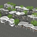 Modern White Pergola with Geometric Design Surrounded by Trees on Paved Outdoor Leisure Area