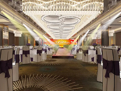 Luxurious Banquet Hall Interior With Crystal Chandelier Red Carpet Stage And Purple Bow Adorned Chairs 3d model