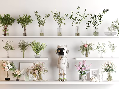 Stylish Vase Arrangements With Various Flowers And Plants On White Shelves With Decorative Robot 3d model