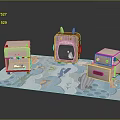 Pink Cartoon Animal Shaped Nightstands on Blue Mat with Ocean Themed Patterns