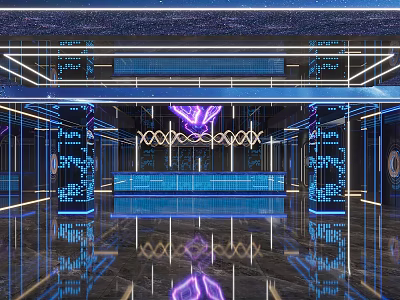 Modern KTV Interior With Blue Lighting Purple Decorations Bar Counter Reflective Floor And Neon Lights 3d model