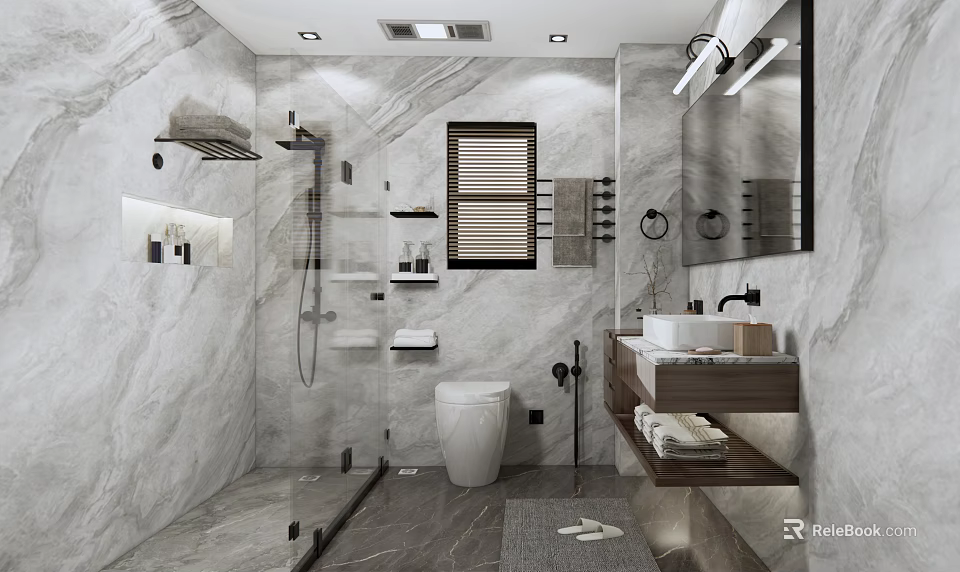Modern Bathroom Interior With Marble Walls Glass Shower Vanity And Wooden Blinds 3d model 