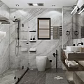 Modern Bathroom Interior With Marble Walls Glass Shower Vanity And Wooden Blinds