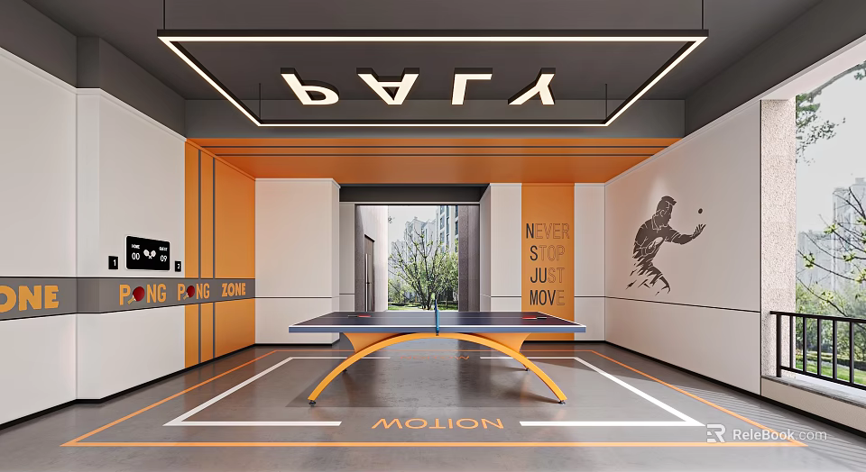 Modern Indoor Ping Pong Area With Orange Elements Ceiling Lighting And Wall Art 3d model