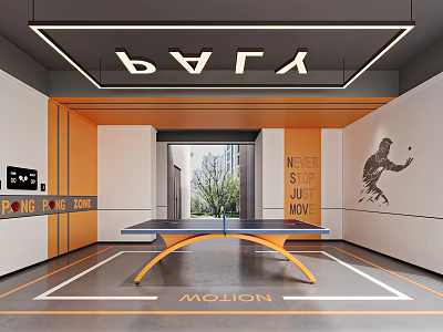 Modern Indoor Ping Pong Area With Orange Elements Ceiling Lighting And Wall Art 3d model