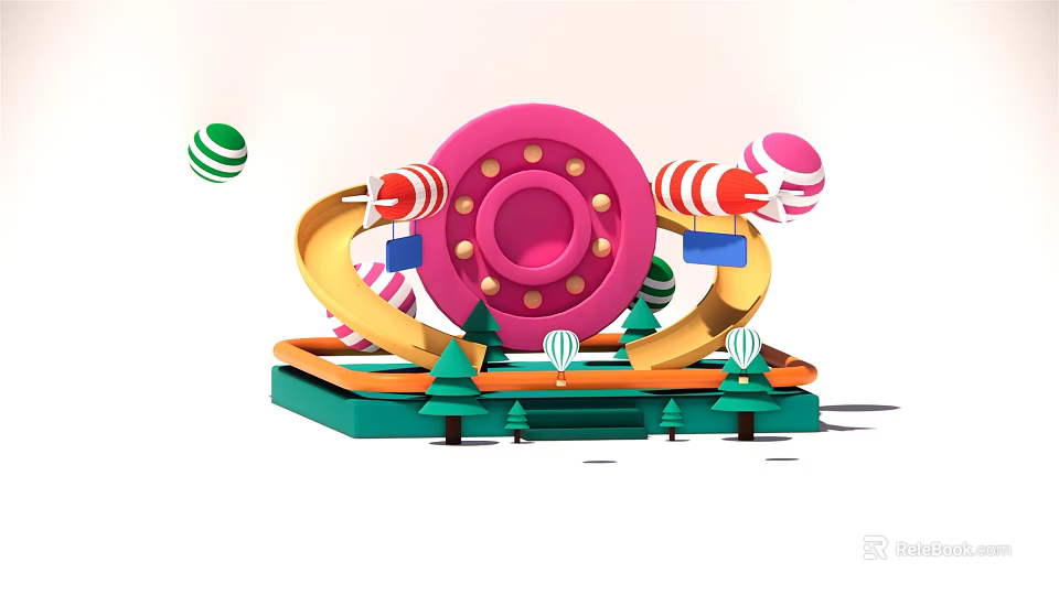 Vibrant Playful Amusement Park Scene With Pink Ferris Wheel Colorful Carousel And Green Christmas Trees 3d model 