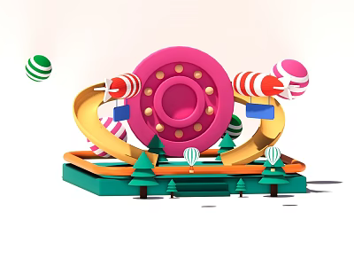 Vibrant Playful Amusement Park Scene With Pink Ferris Wheel Colorful Carousel And Green Christmas Trees 3d model