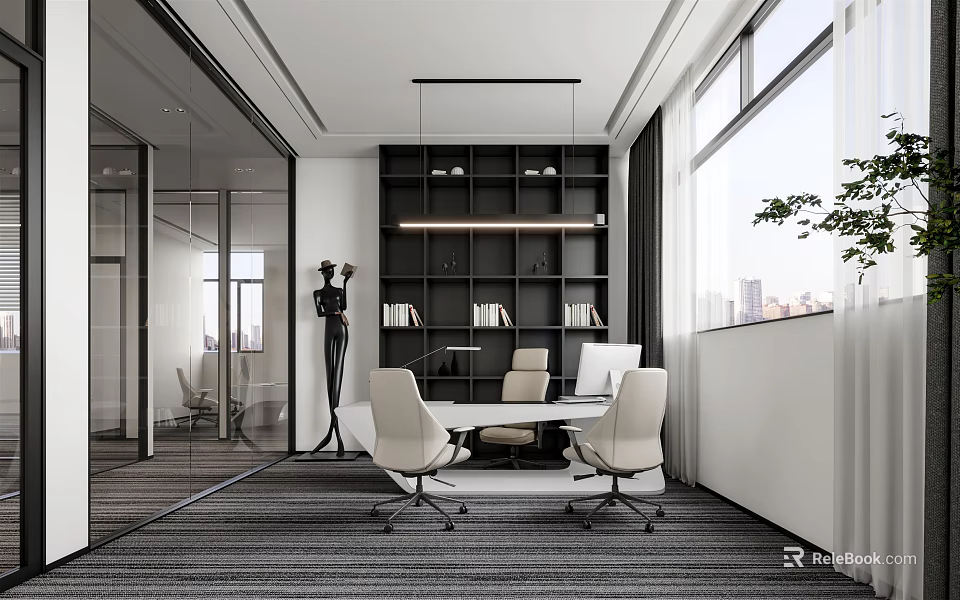 Modern Office Interior With Black Bookshelf White Meeting Table Beige Chairs And Large Windows 3d model 