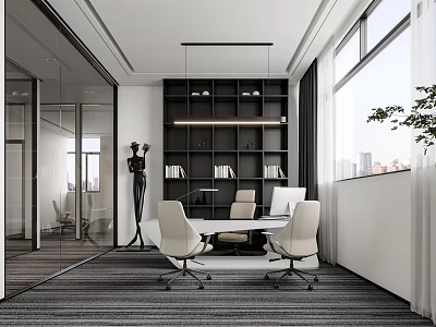 Modern Office Interior With Black Bookshelf White Meeting Table Beige Chairs And Large Windows 3d model