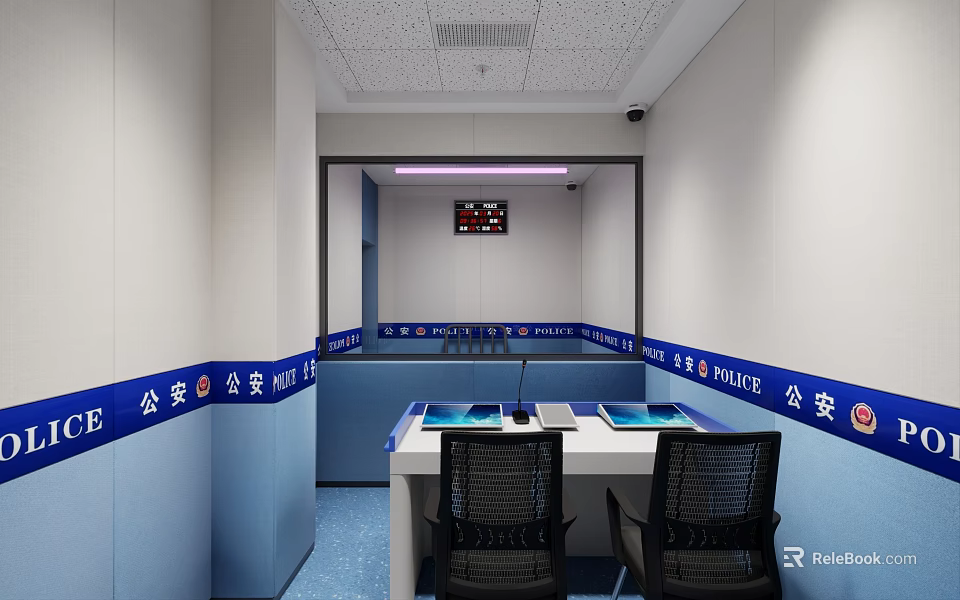 Police Interrogation Room Interior With Tables Chairs And Wall Signs 3d model 