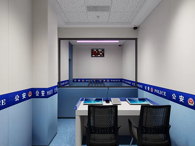 Police Interrogation Room Interior With Tables Chairs And Wall Signs 3d model