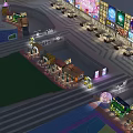 Vibrant Commercial Street Featuring Colorful Billboards Outdoor Seating Evening Lighting and Shopfronts