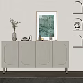 Modern White Entryway Console Cabinet with Oval Doors Metal Legs Arched Niches and Decorative Items