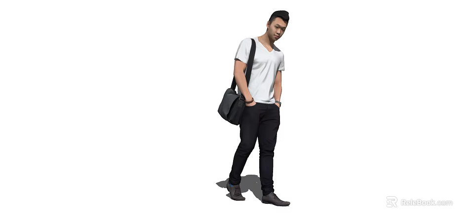 Young Man Wearing White T-Shirt And Black Pants Carrying Black Bag 3d model 