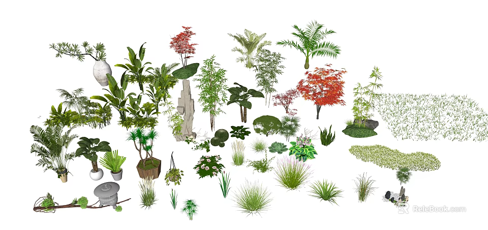 Diverse Collection of Garden Plants and Flowers Including Palms Shrubs and Potted Greenery 3d model 